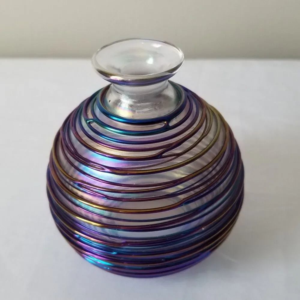 VTG Art Blown Glass Bottle Bud Vase Blue Copper Purple Iridescent Heavy Small